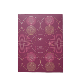 O&M Hydrate and Detangle Hyaluve hair care product box in a deep berry purple color with gold and pink geometric circle patterns.